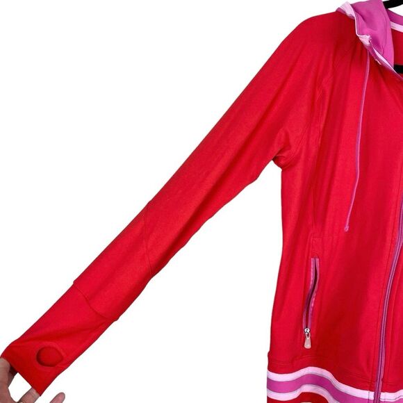 Alo Yoga Womens Red Hooded Jacket M Pink Stripe Trim Athletic Full Zip Athletic - Picture 7 of 10